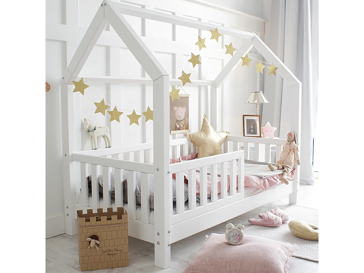 Lit cabane 90x200 barrière et sommier inclus pieds 10 cm Daisy Blanc