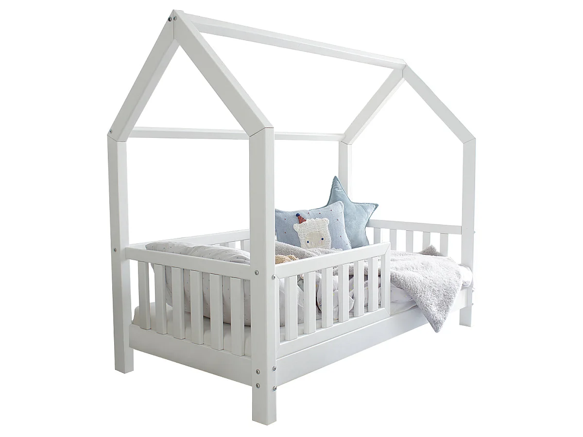 Lit cabane 90x200 barrière et sommier inclus pieds 10 cm Daisy Blanc