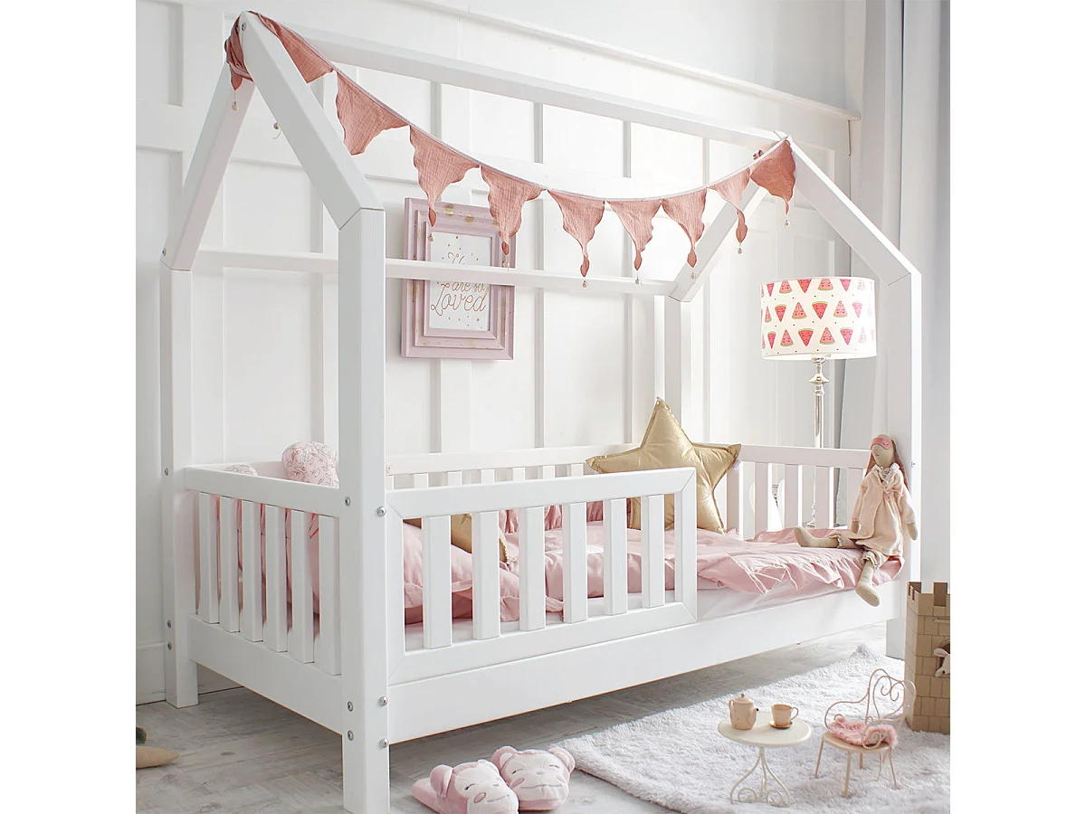 Lit cabane 90x200 barrière et sommier inclus pieds 10 cm Daisy Blanc