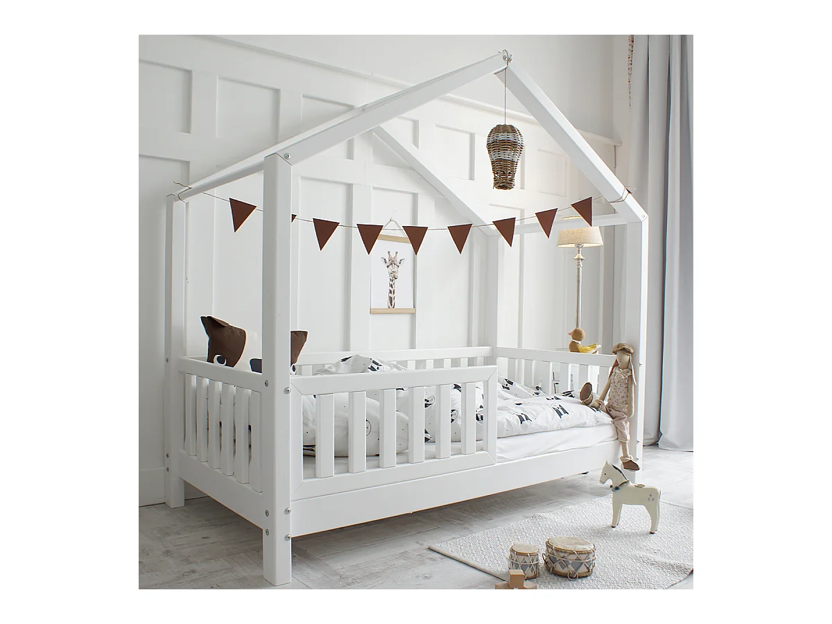 Lit cabane 90x190 barrière et sommier inclus pieds 10 cm Roxane Blanc