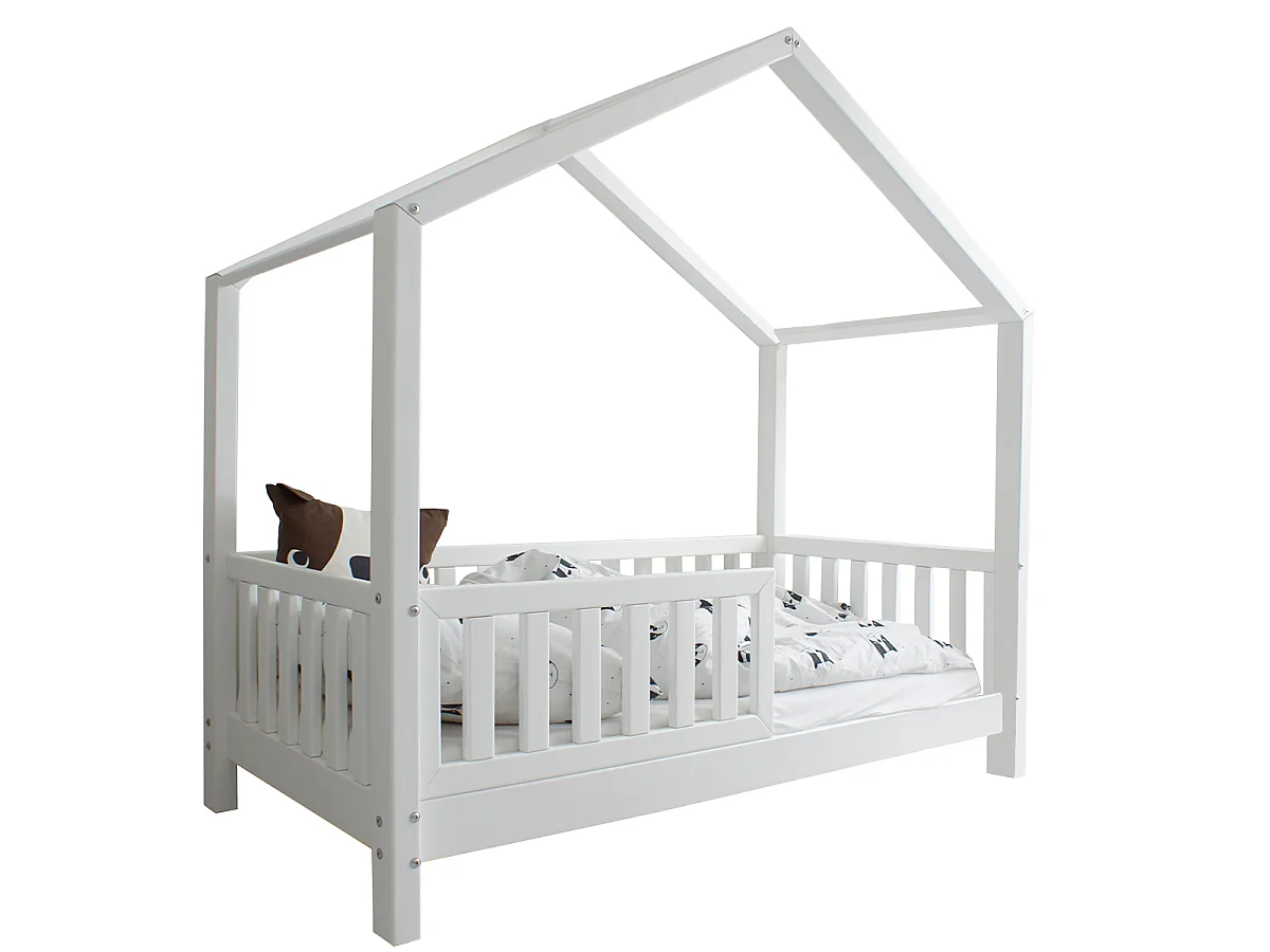 Lit cabane 90x190 barrière et sommier inclus pieds 10 cm Roxane Blanc