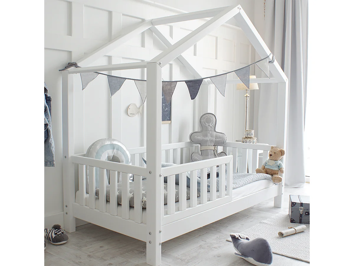 Lit cabane 90x190 barrière et sommier inclus pieds 10 cm Roxane Blanc