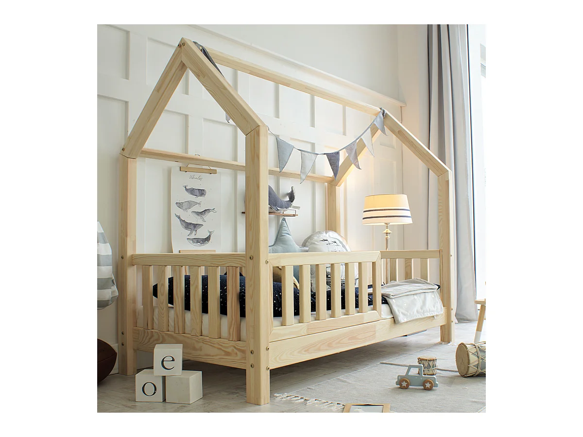 Cama cabaña 90x190 con barandilla y somier patas de 10 cm Daisy Madera