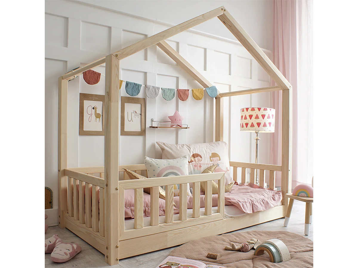 Cama cabaña 90x190 con barandilla y somier patas 1 cm Roxane Madera