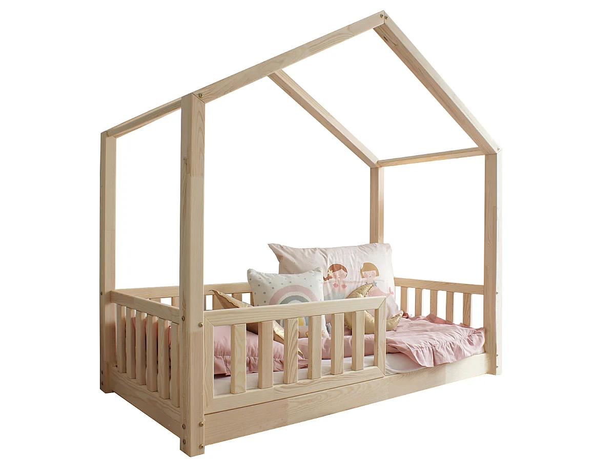 Cama cabaña 90x190 con barandilla y somier patas 1 cm Roxane Madera