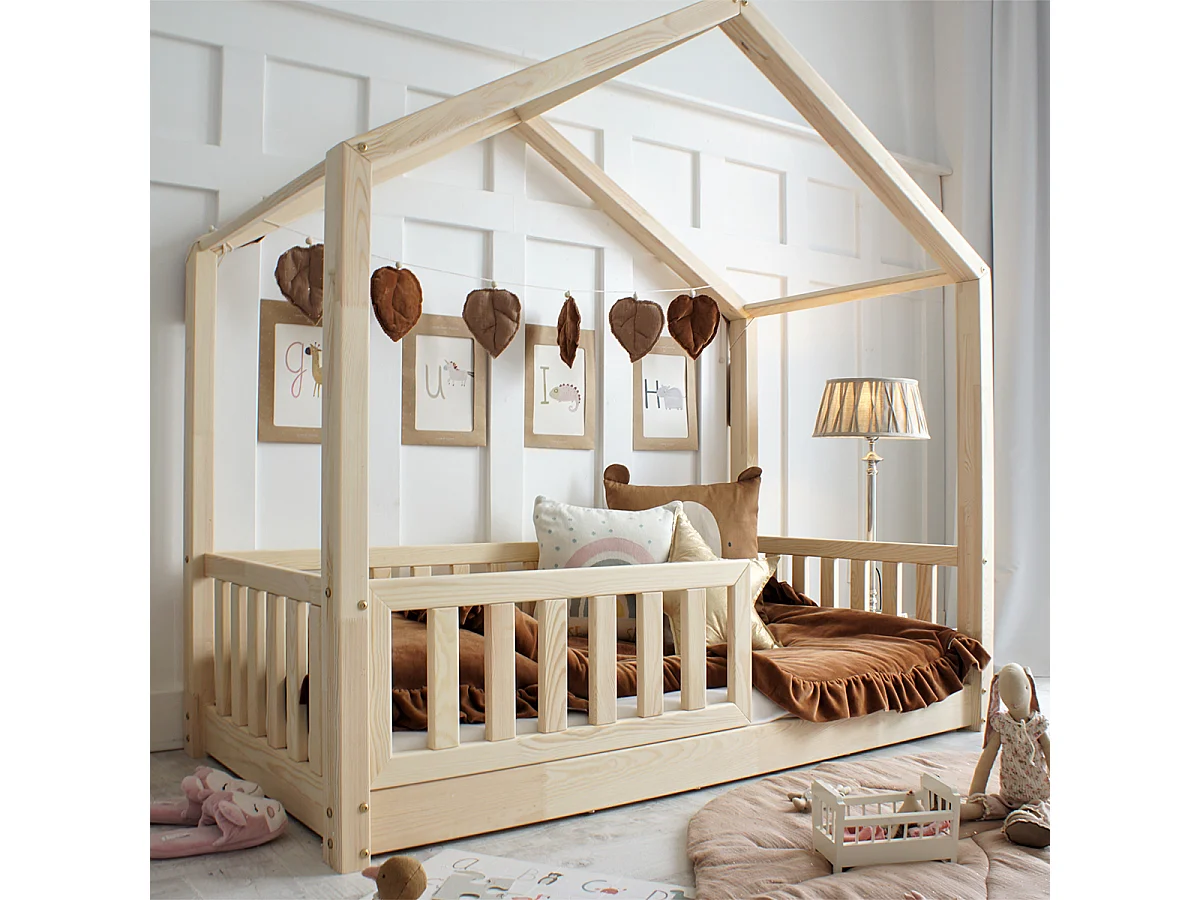 Cama cabaña 90x190 con barandilla y somier patas 1 cm Roxane Madera