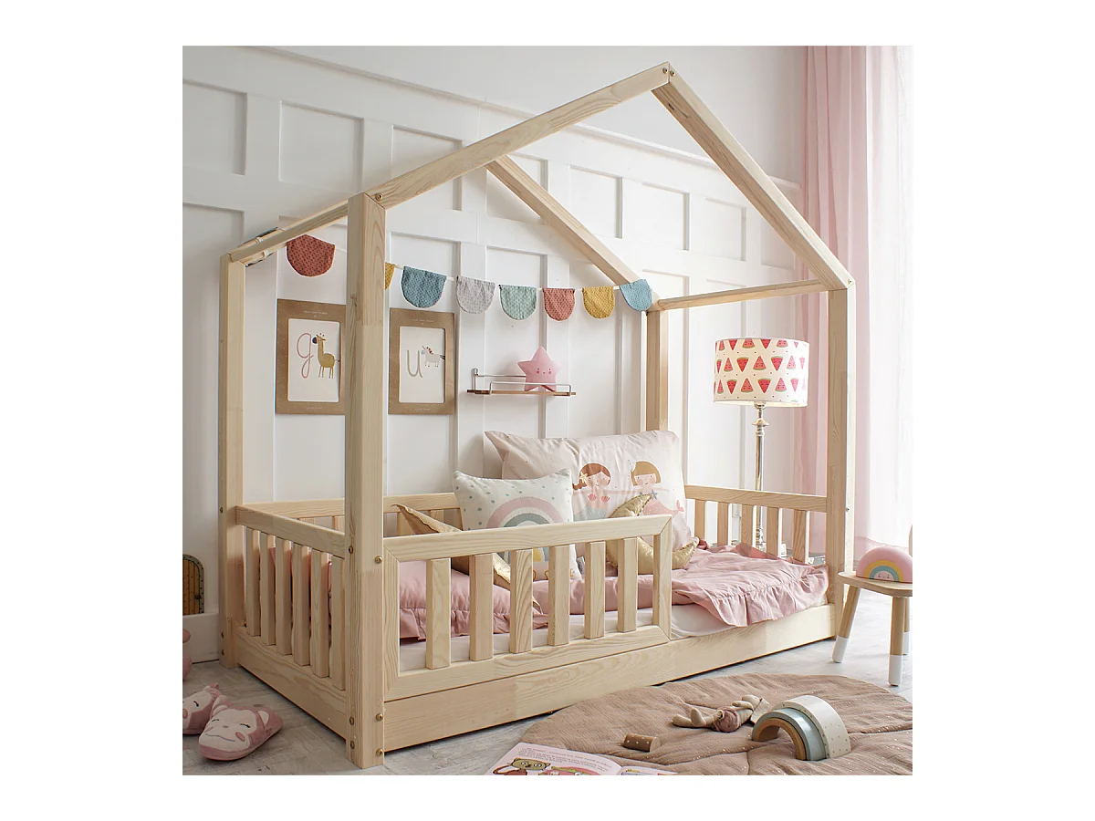 Lit cabane 90x190 barrière et sommier inclus pieds 1 cm Roxane Bois