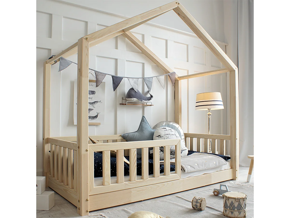 Lit cabane 90x190 barrière et sommier inclus pieds 1 cm Roxane Bois