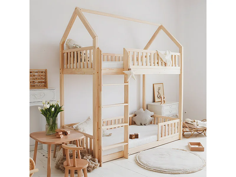 Lit cabane superposé 90x190 barrière et sommier inclus pieds 1 cm Daisy Bois