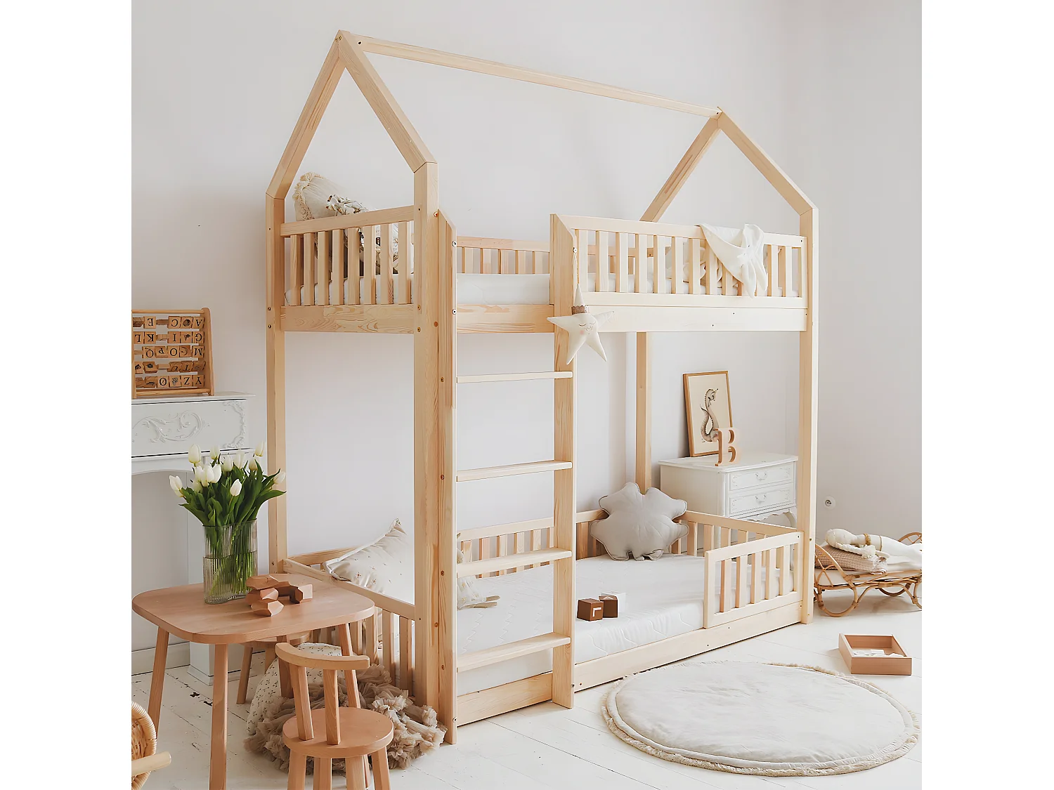 Lit cabane superposé 90x190 barrière et sommier inclus pieds 1 cm Daisy Bois