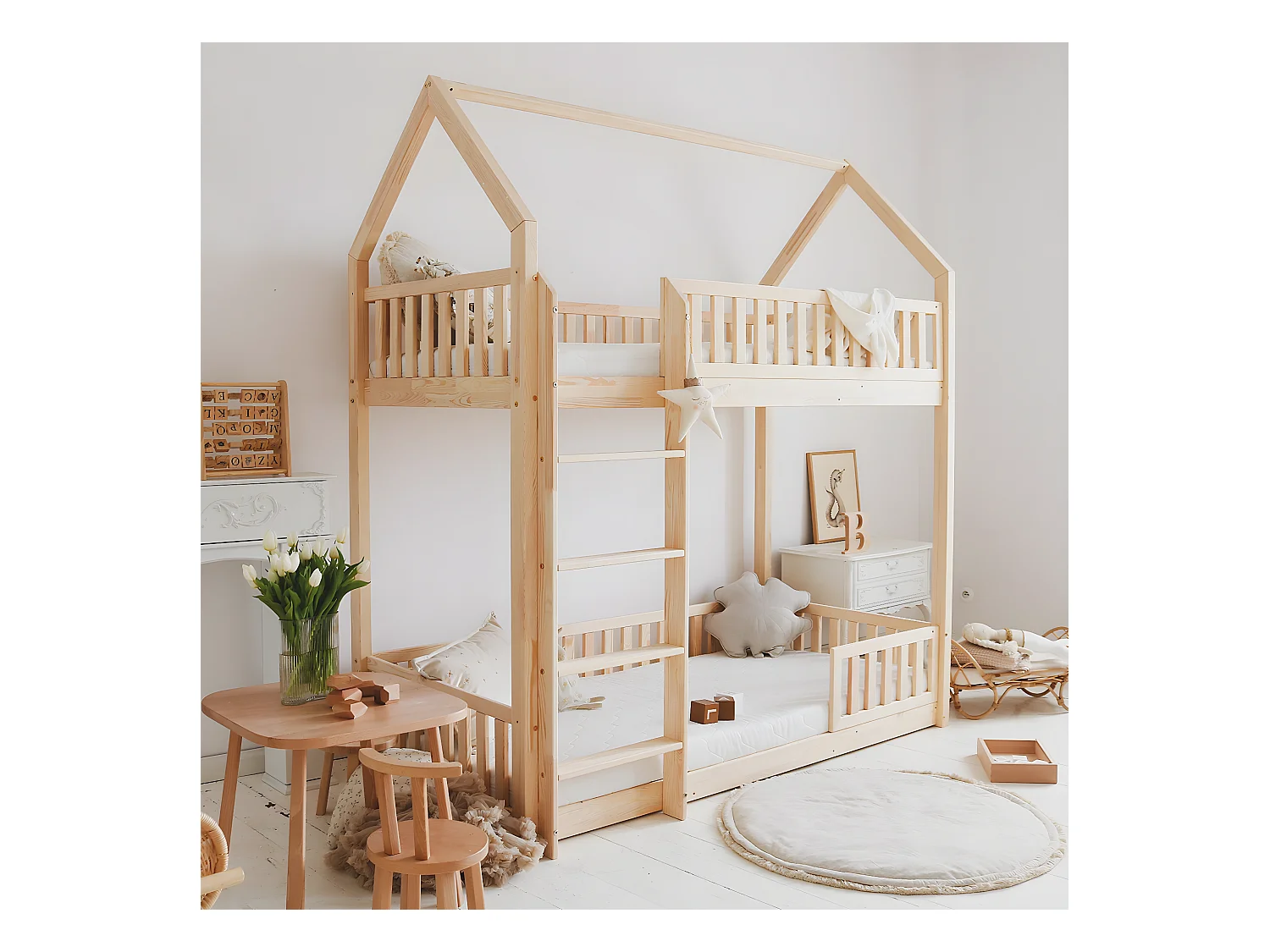 Lit cabane superposé 90x190 barrière et sommier inclus pieds 1 cm Daisy Bois