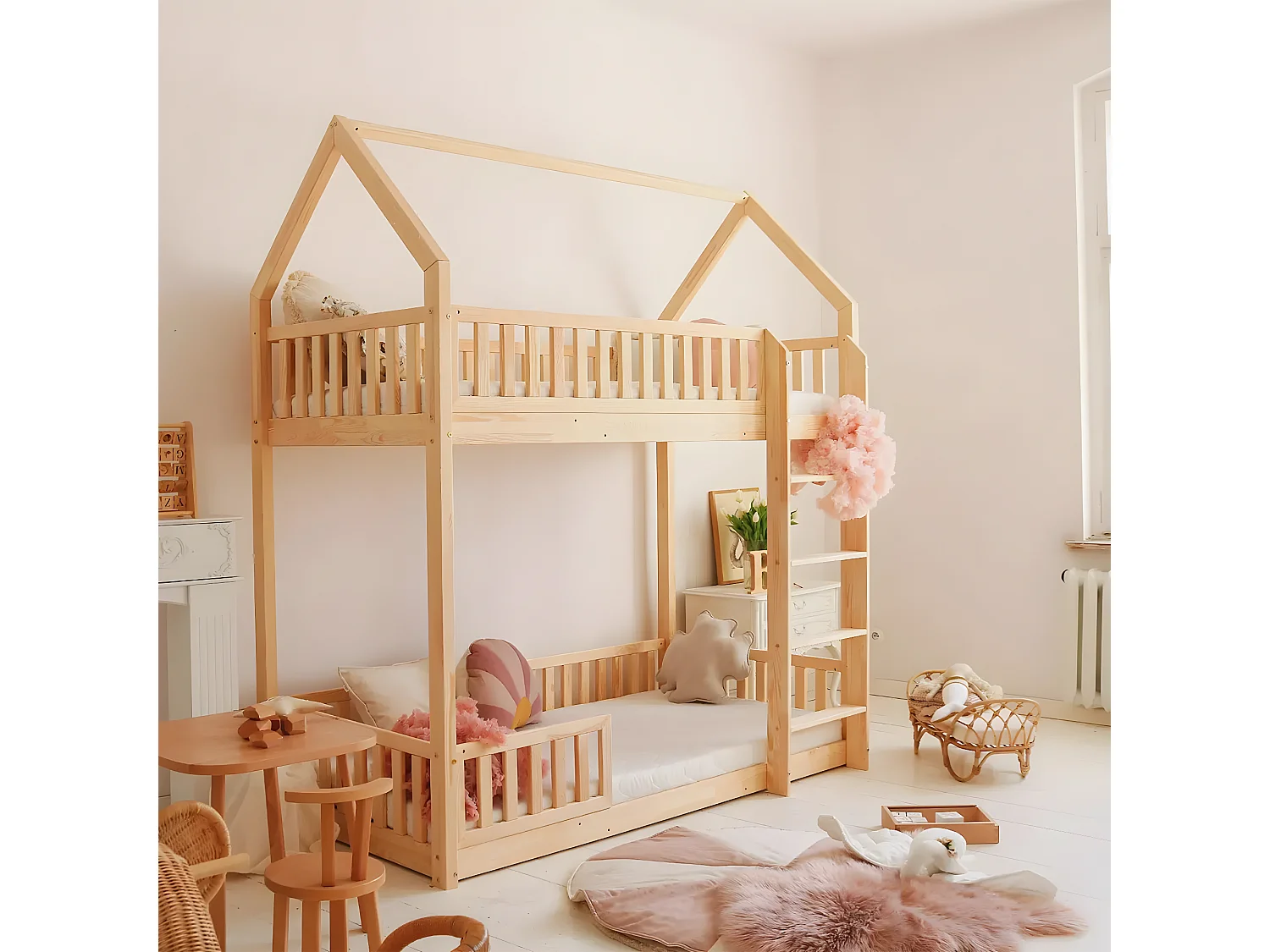 Lit cabane superposé 90x190 barrière et sommier inclus pieds 1 cm Daisy Bois