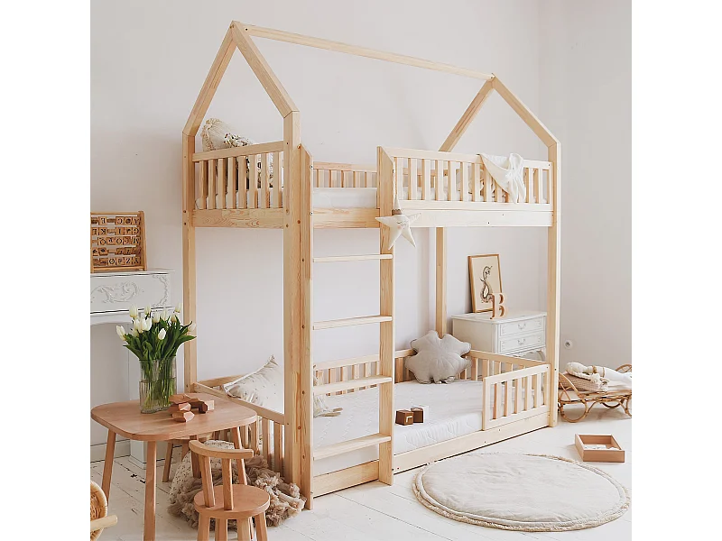 Lit cabane superposé 90x190 barrière et sommier inclus pieds 1 cm Daisy Bois