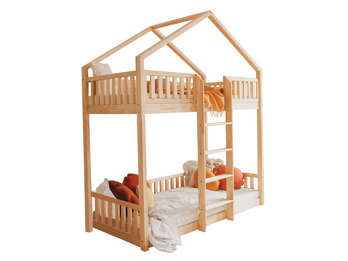 Lit cabane superposé 90x190 barrière et sommier inclus pieds 1 cm Roxane Bois