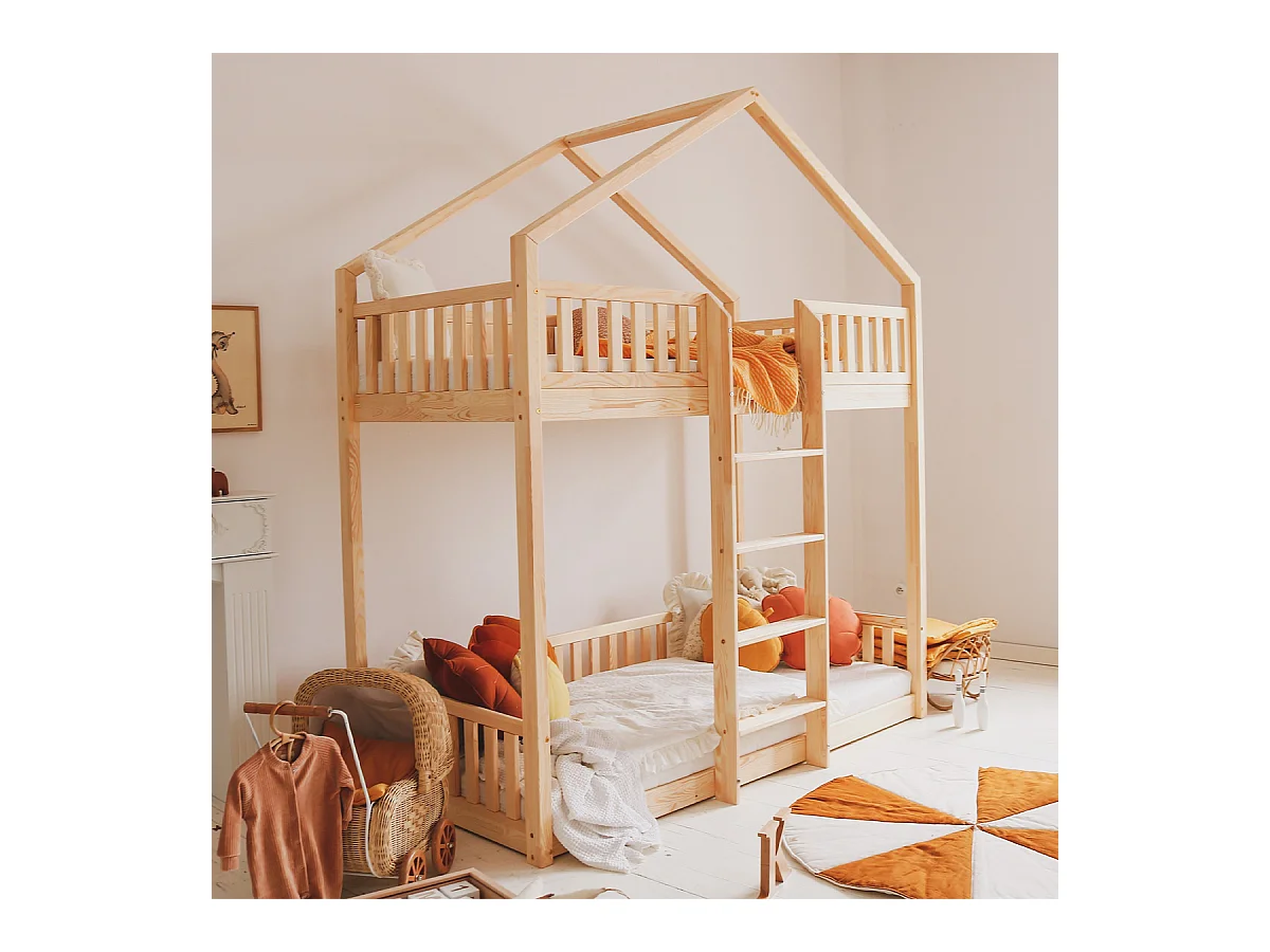 Lit cabane superposé 90x190 barrière et sommier inclus pieds 1 cm Roxane Bois
