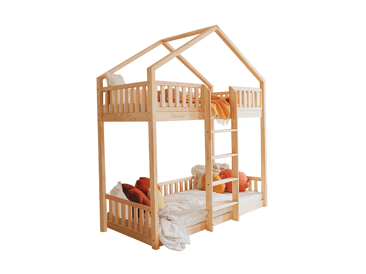Lit cabane superposé 90x190 barrière et sommier inclus pieds 1 cm Roxane Bois