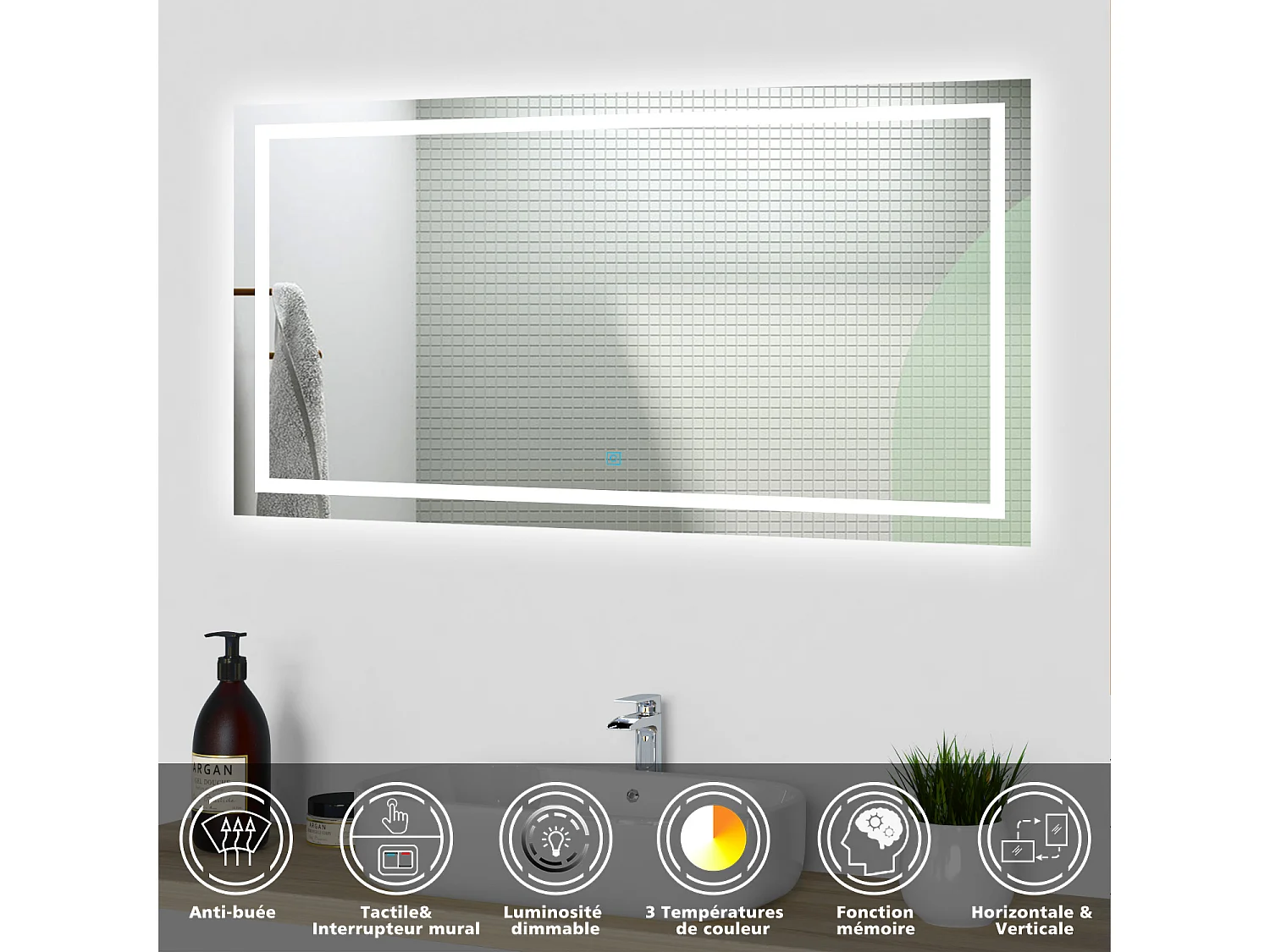 Miroir de salle de bain lumineux l.120 x H.70cm avec Anti-buée + 3 Couleurs + Dimmable, Mural Miroir lumineux