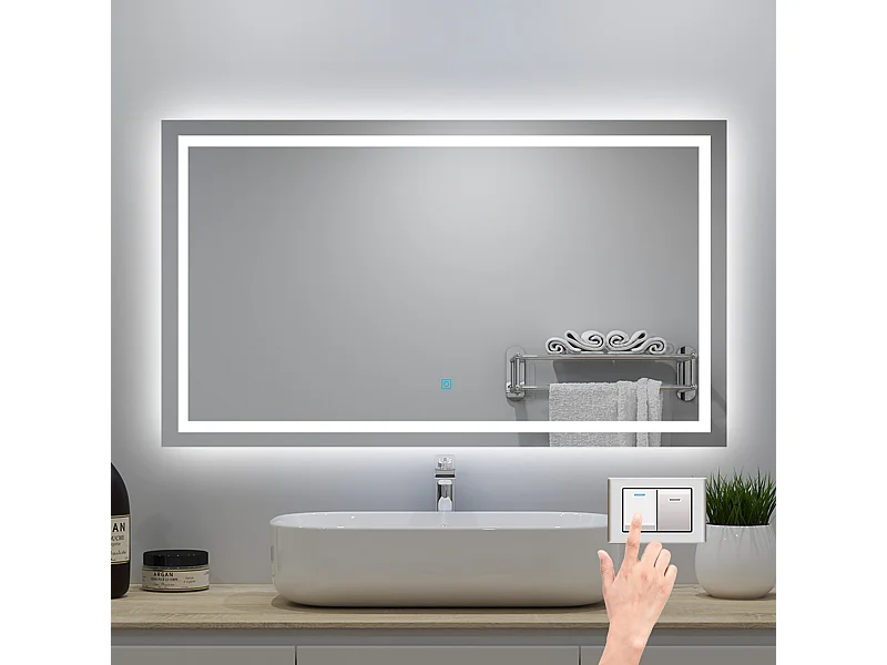 Miroir de salle de bain lumineux l.80 x H.60cm avec Anti-buée + 3 Couleurs + Dimmable, Mural Miroir lumineux