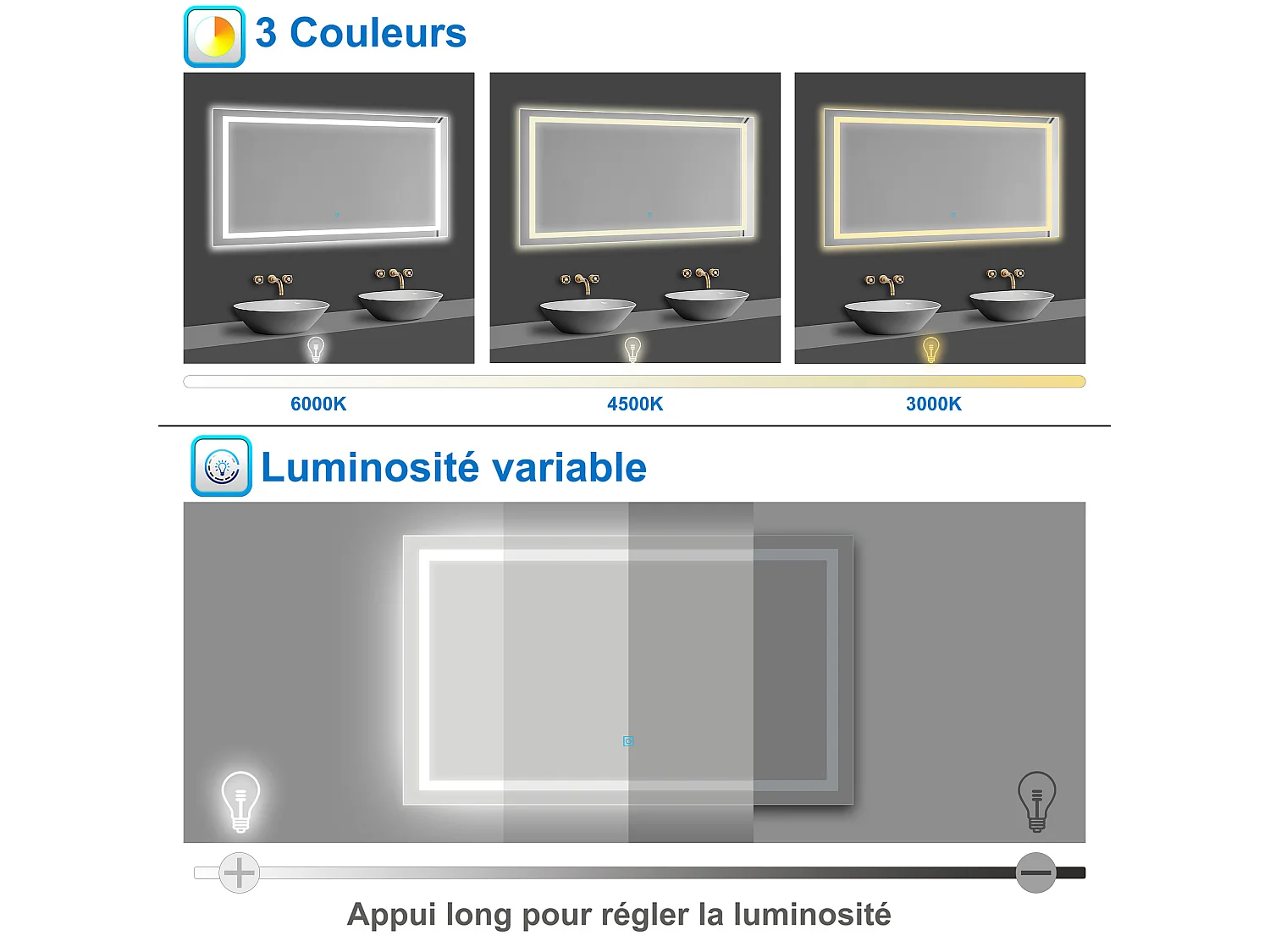 Miroir de salle de bain lumineux l.120 x H.80cm avec Anti-buée + 3 Couleurs + Dimmable, Mural Miroir lumineux