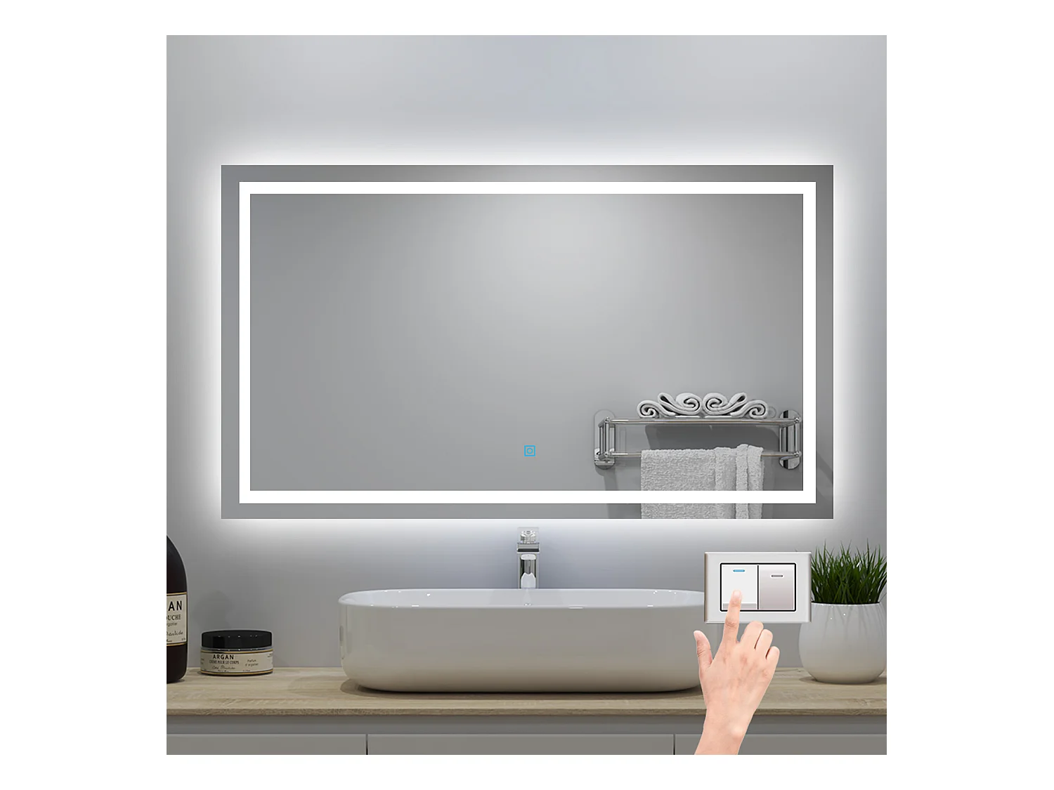 Miroir de salle de bain lumineux l.100 x H.60cm avec Anti-buée + 3 Couleurs + Dimmable, Mural Miroir lumineux