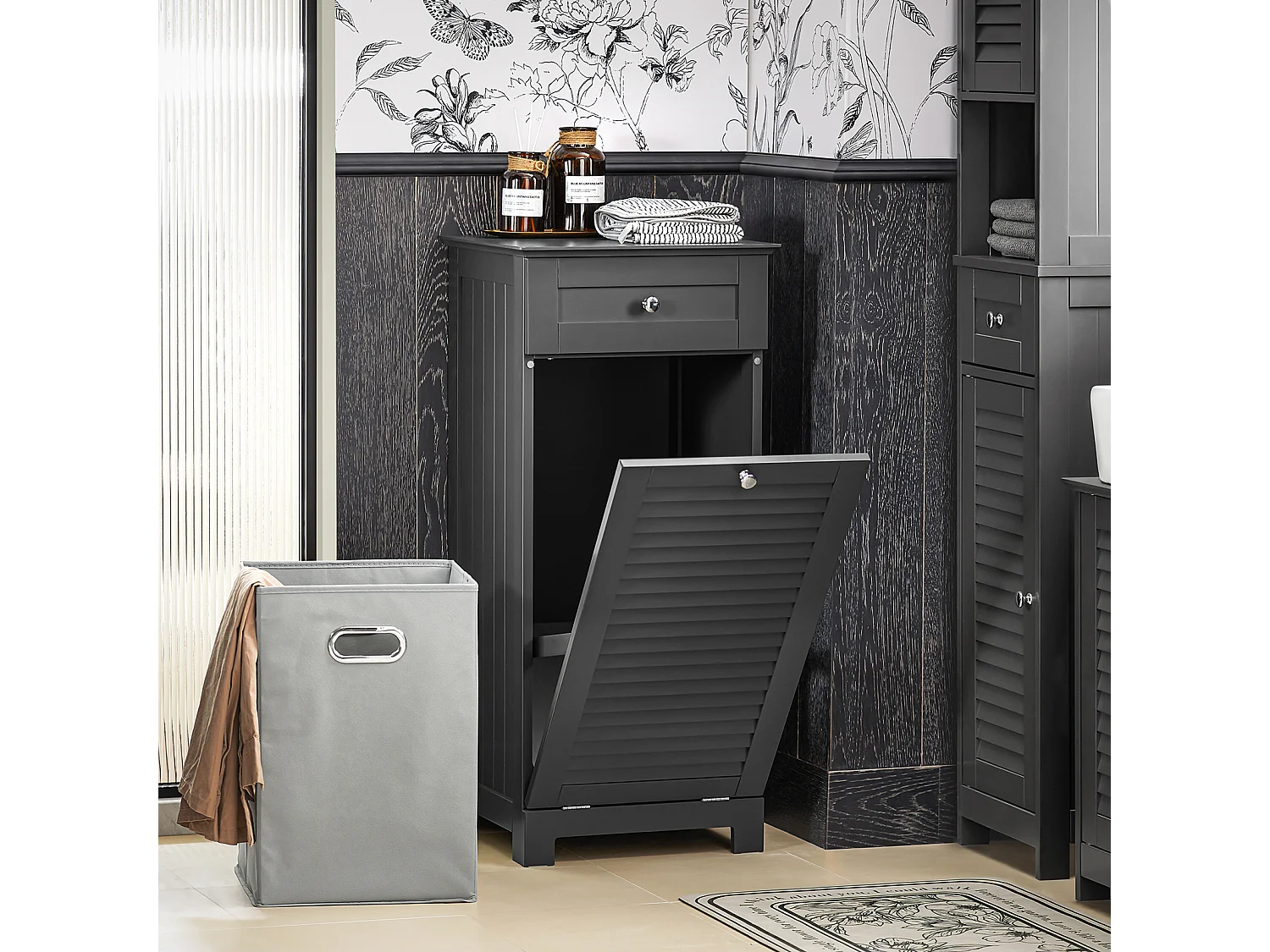 Armario para Ropa Sucia Mueble Multifuncional para Baño con 1 Cesto y 1 Cajón Gris 40 x 38 x 90 BZR73-DG SoBuy ES