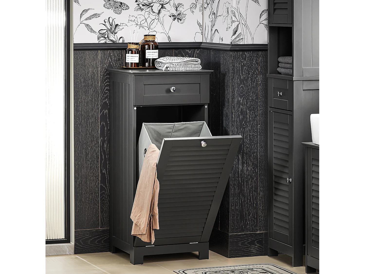 Armario para Ropa Sucia Mueble Multifuncional para Baño con 1 Cesto y 1 Cajón Gris 40 x 38 x 90 BZR73-DG SoBuy ES