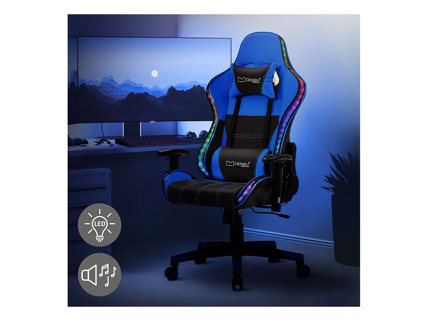 LED Gaming Chair Chaise de bureau Chaise pivotante Réglable Bluetoothboxes ML-Design