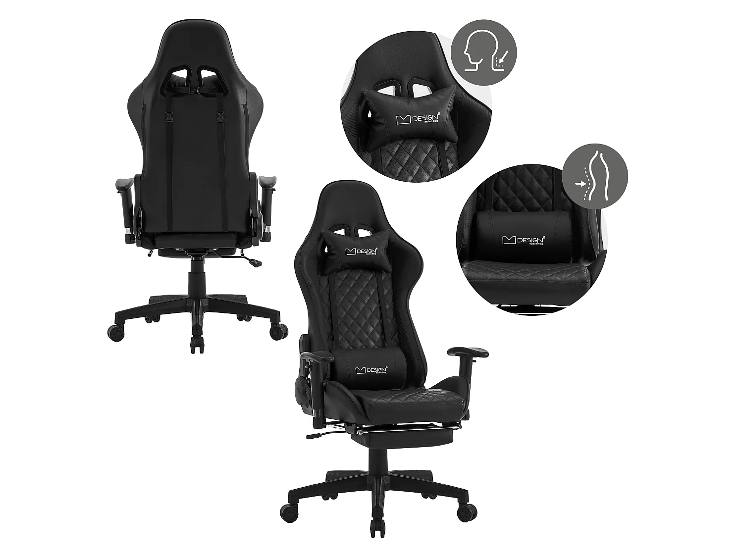 Chaise de jeu avec repose-pieds extensible 2D Accoudoir Noir en similicuir ML-Design