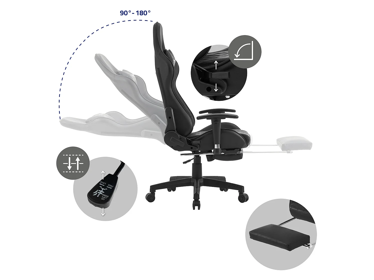 Chaise de jeu avec repose-pieds extensible 2D Accoudoir Noir en similicuir ML-Design