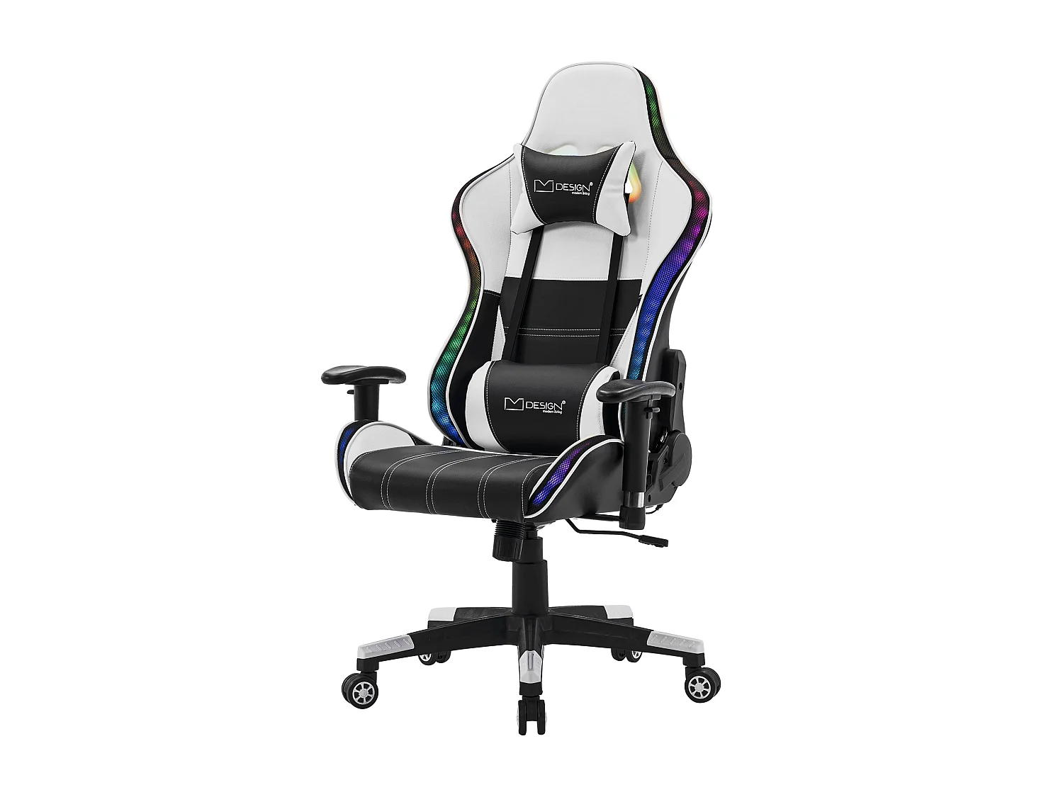 Chaise de jeu avec éclairage LED, haut-parleurs Bluetooth, blanc, similicuir, ergonomique ML-Design