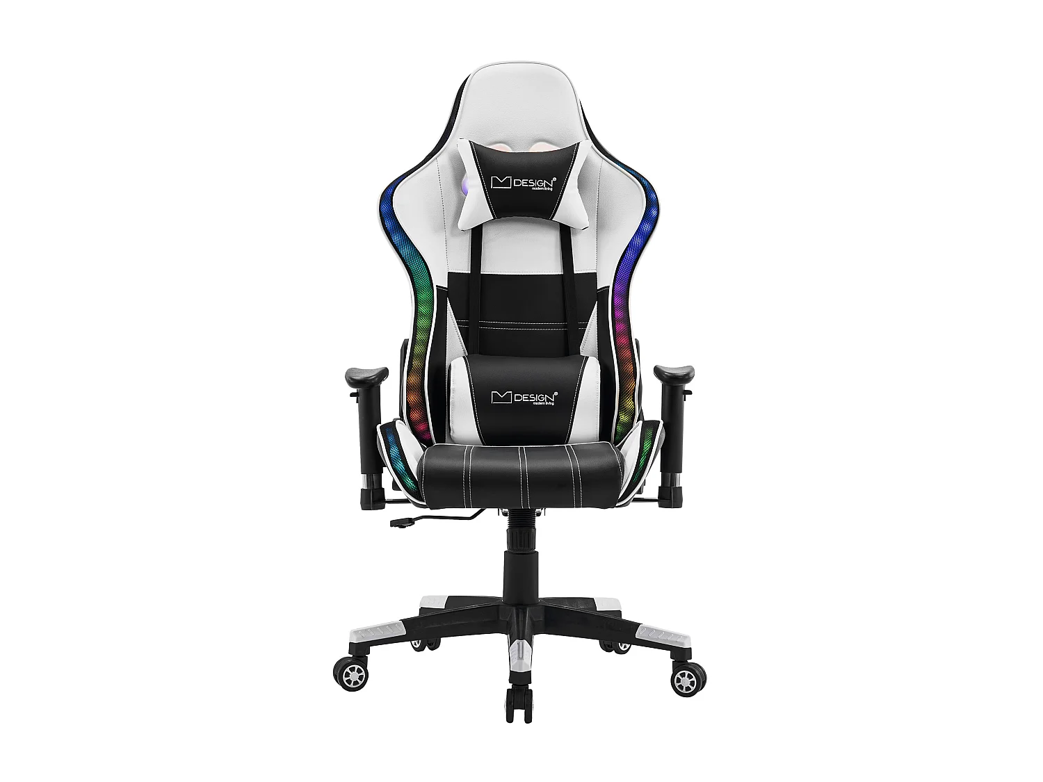 Chaise de jeu avec éclairage LED, haut-parleurs Bluetooth, blanc, similicuir, ergonomique ML-Design