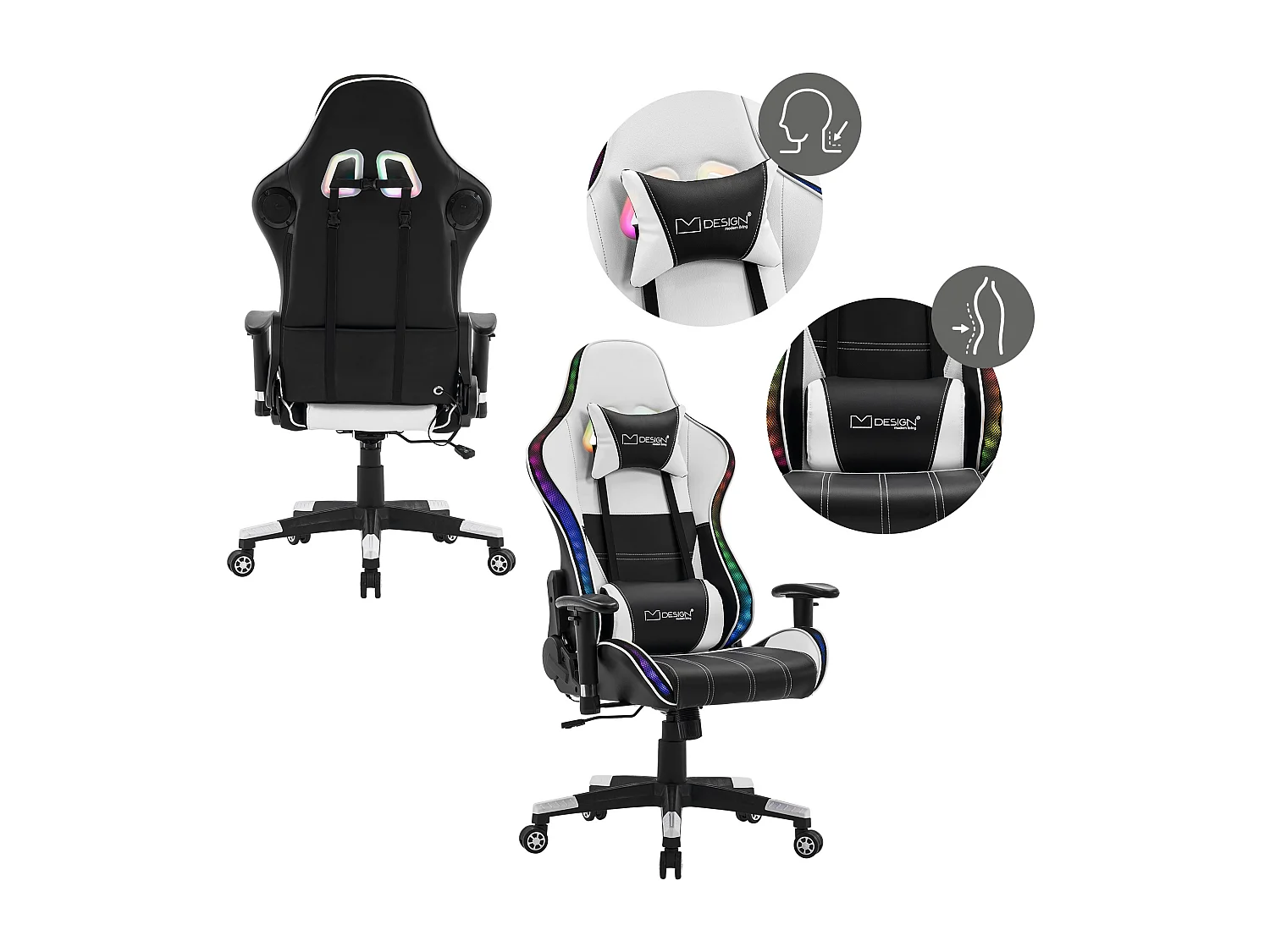 Chaise de jeu avec éclairage LED, haut-parleurs Bluetooth, blanc, similicuir, ergonomique ML-Design