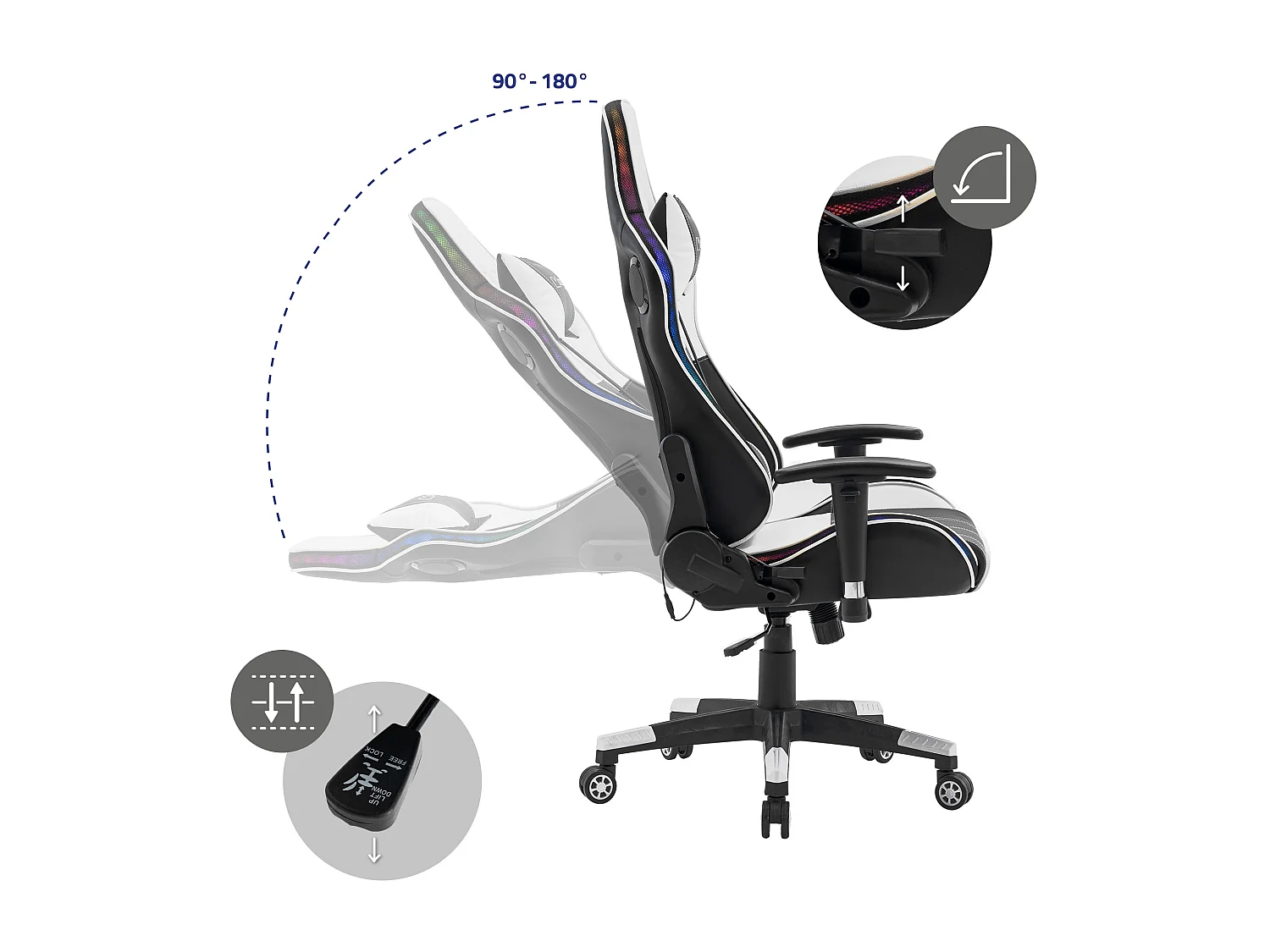 Chaise de jeu avec éclairage LED, haut-parleurs Bluetooth, blanc, similicuir, ergonomique ML-Design