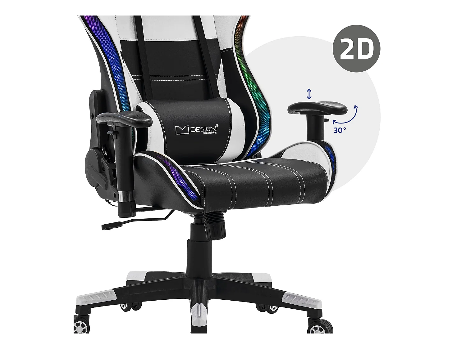 Chaise de jeu avec éclairage LED, haut-parleurs Bluetooth, blanc, similicuir, ergonomique ML-Design