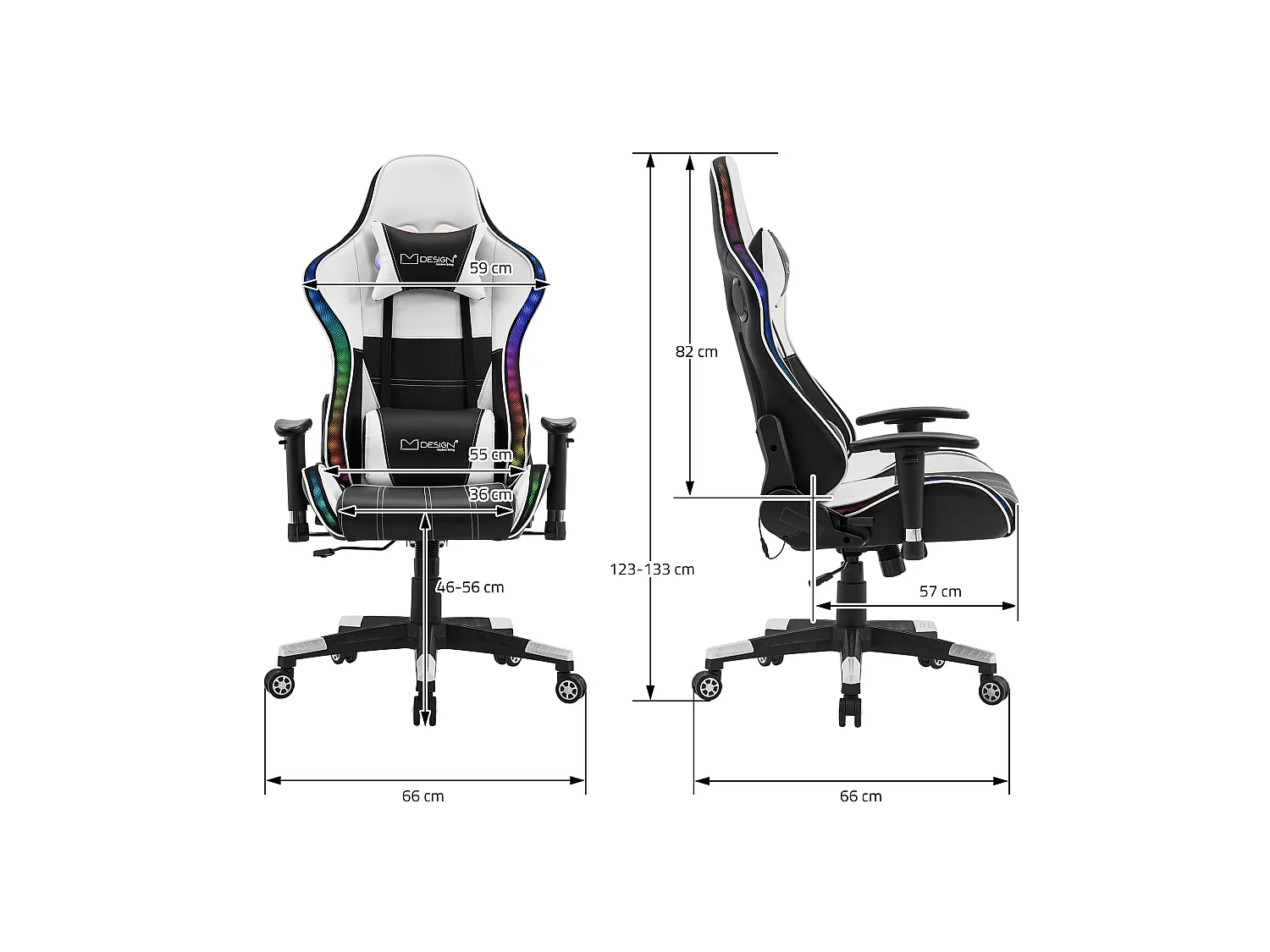 Chaise de jeu avec éclairage LED, haut-parleurs Bluetooth, blanc, similicuir, ergonomique ML-Design