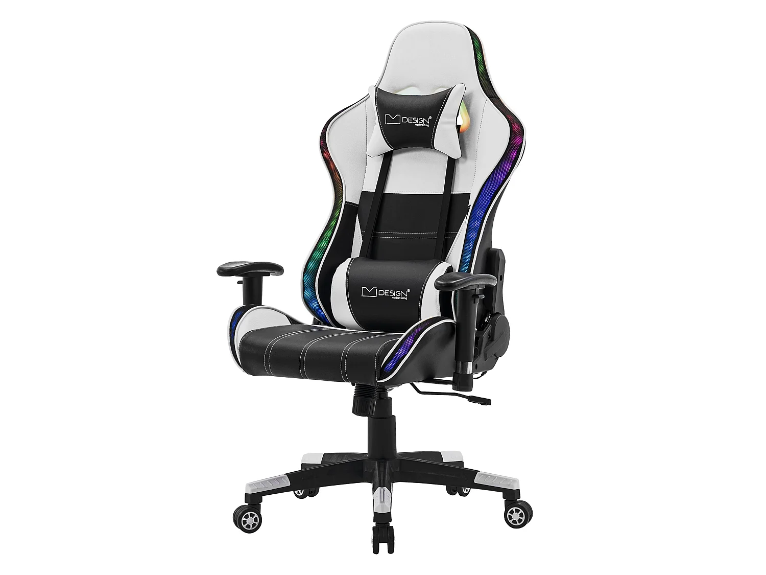 Chaise de jeu avec éclairage LED, haut-parleurs Bluetooth, blanc, similicuir, ergonomique ML-Design