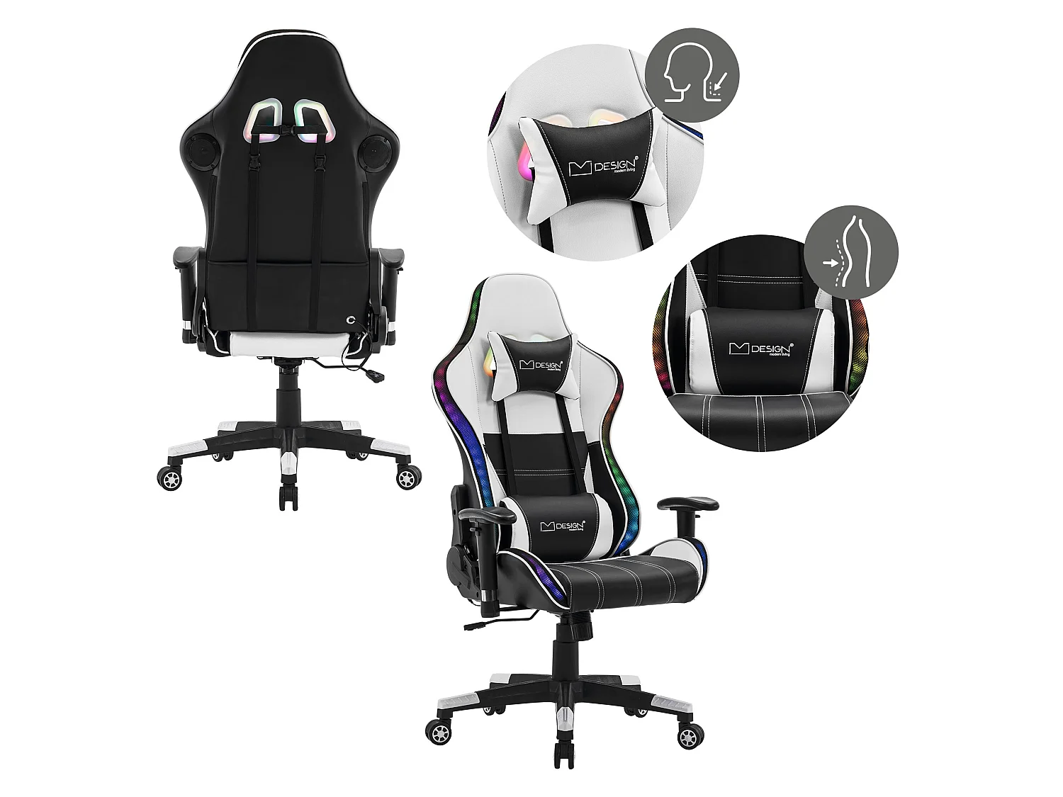 Chaise de jeu avec éclairage LED, haut-parleurs Bluetooth, blanc, similicuir, ergonomique ML-Design