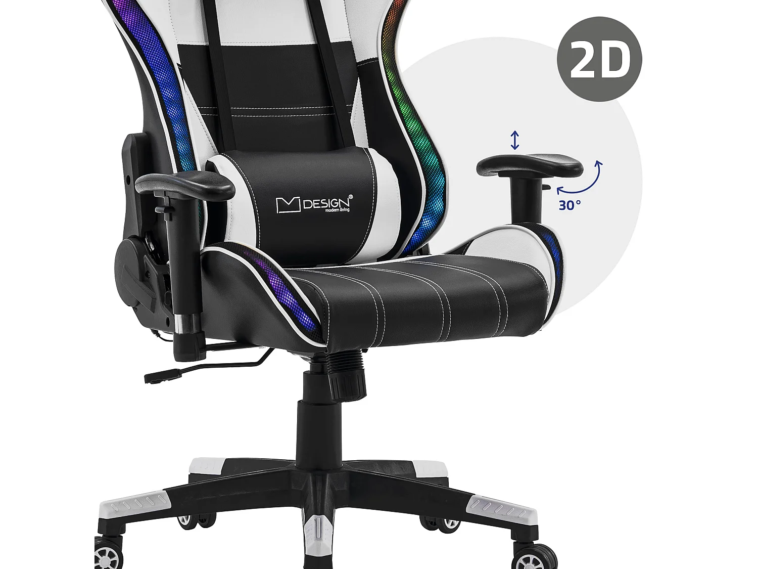 Chaise de jeu avec éclairage LED, haut-parleurs Bluetooth, blanc, similicuir, ergonomique ML-Design