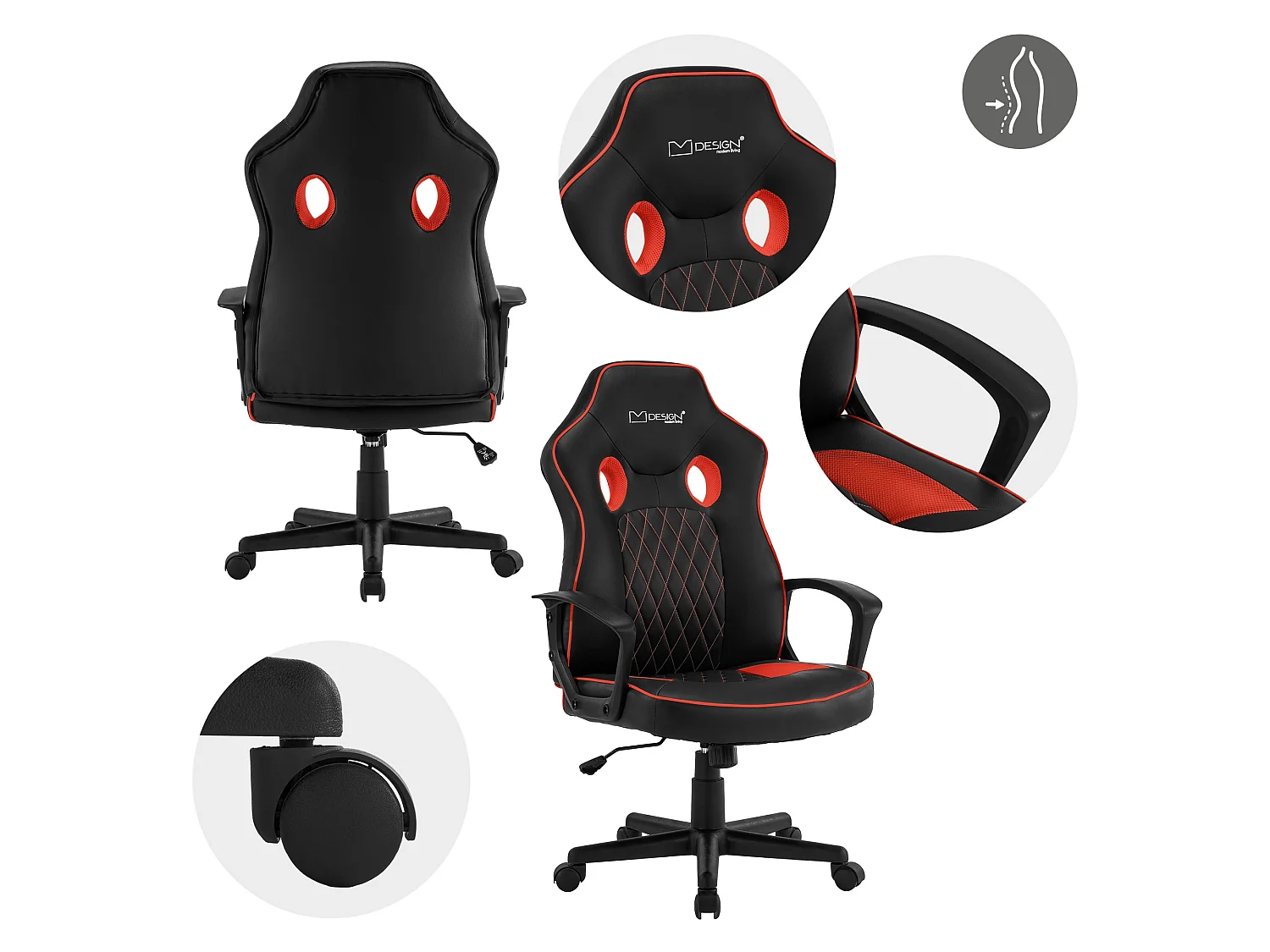 Chaise de gamer avec fonction bascule assise large noir/rouge en similicuir ML-Design