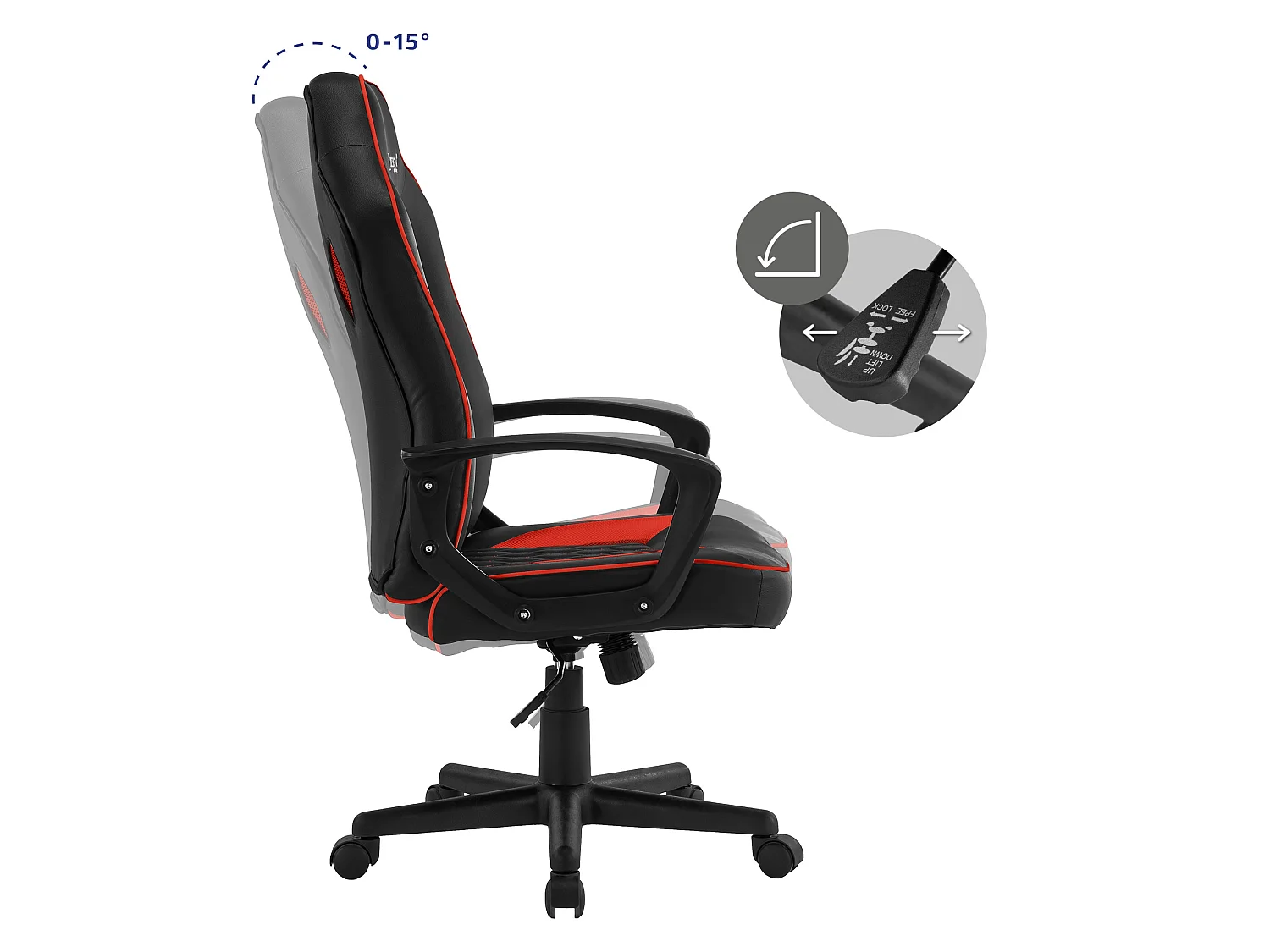 Chaise de gamer avec fonction bascule assise large noir/rouge en similicuir ML-Design