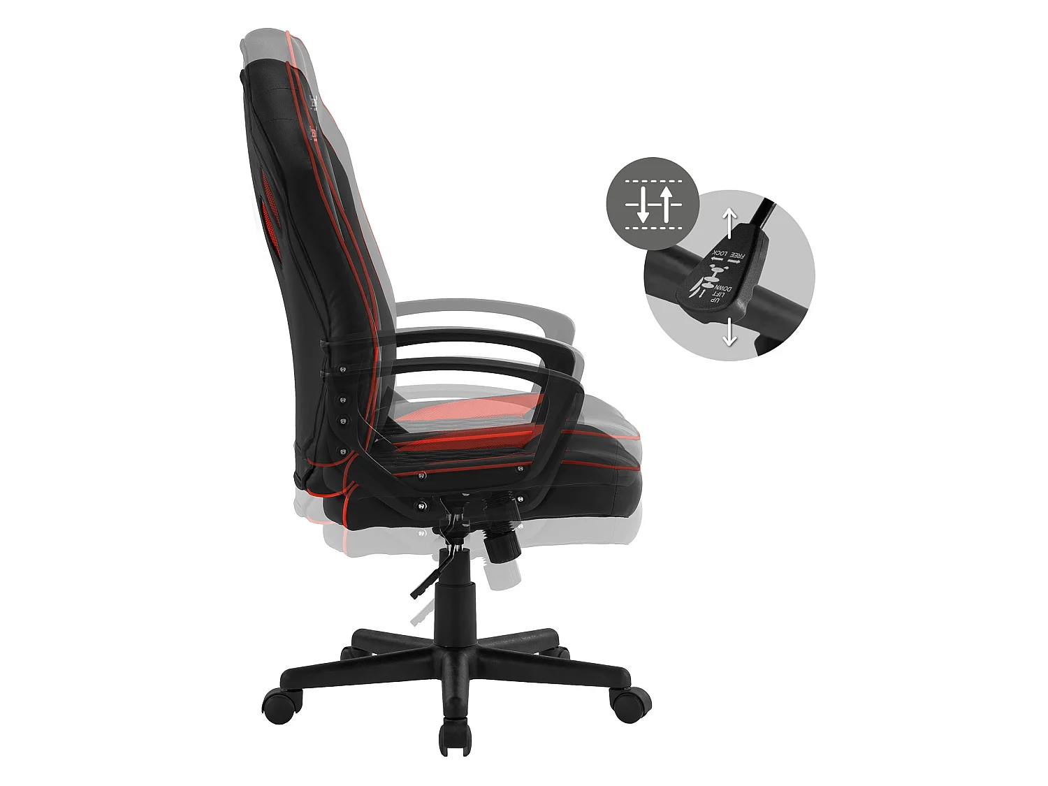 Chaise de gamer avec fonction bascule assise large noir/rouge en similicuir ML-Design