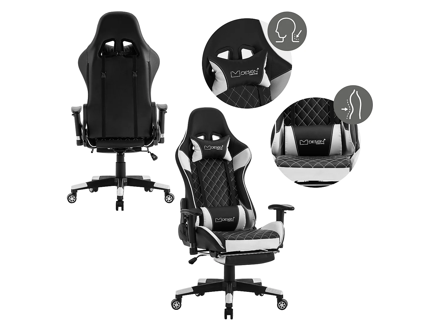 Chaise de jeu avec repose-pieds extensible 2D Accoudoirs Noir/Blanc en similicuir ML-Design