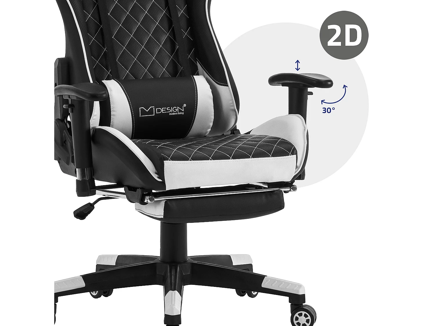 Chaise de jeu avec repose-pieds extensible 2D Accoudoirs Noir/Blanc en similicuir ML-Design