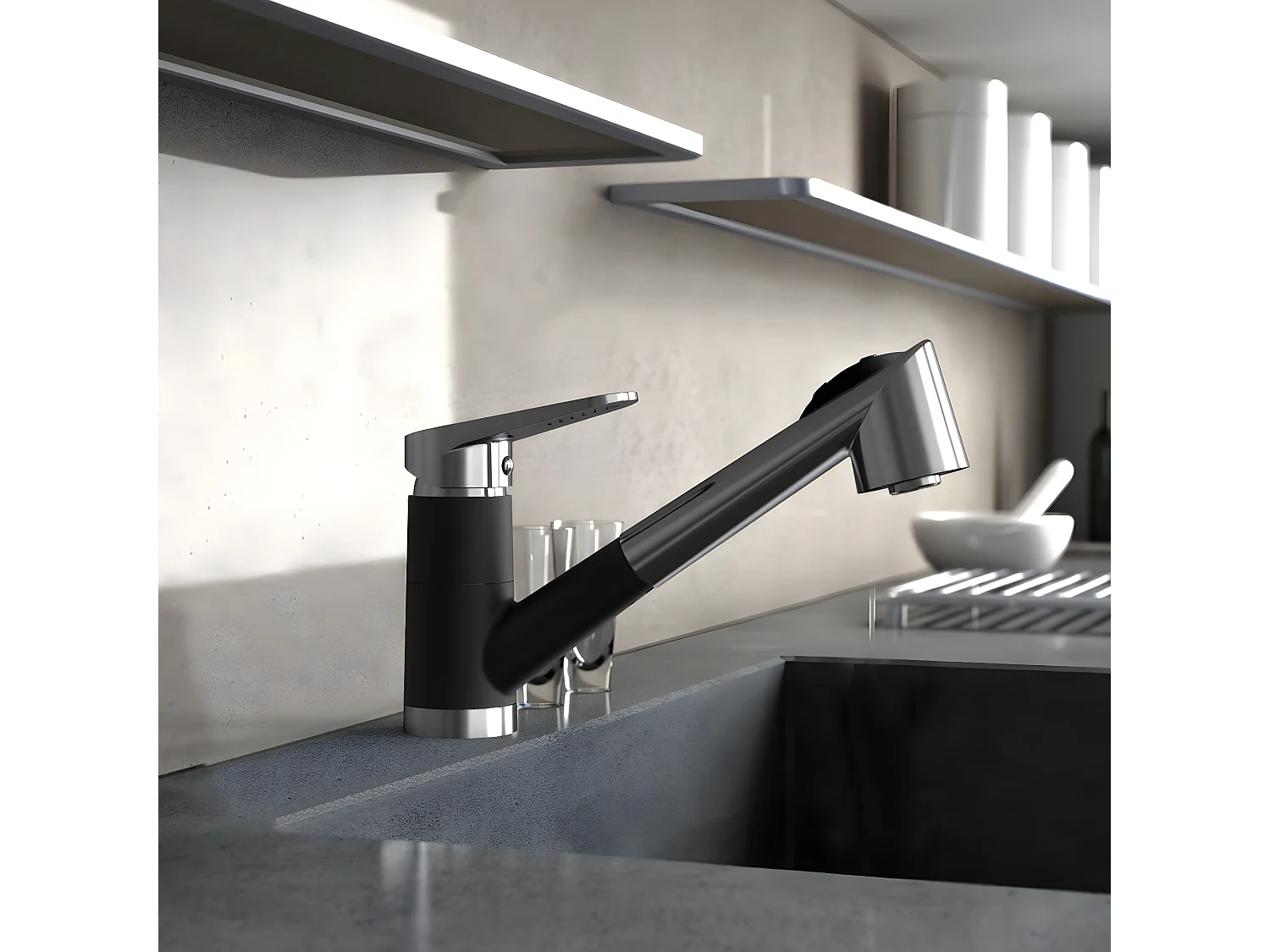 Embla mitigeur évier à douchette extractible noir chromé - Essebagno