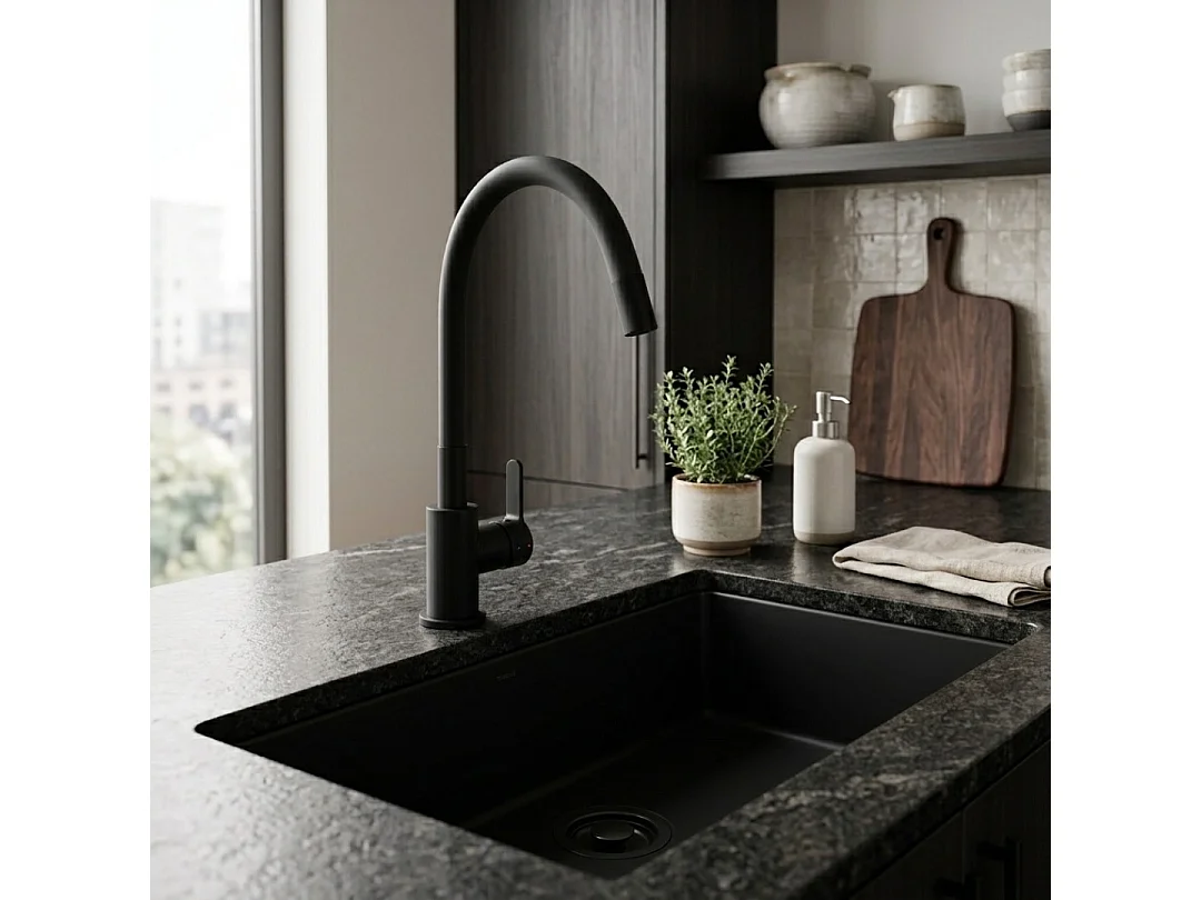 Mémory miscelatore lavello nero con flessibile a memoria di forma Essebagno