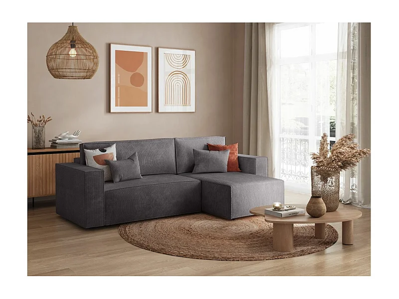 Canapé d'angle 3 places convertible réversible Clarisse avec coffre en velours côtelé- Gris anthracite - L269 x P159 x H89cm - Loungitude