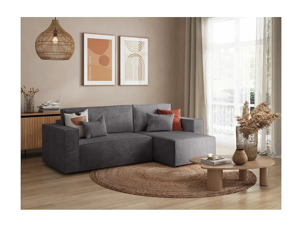 Canapé d'angle 3 places convertible réversible Clarisse avec coffre en velours côtelé- Gris anthracite - L269 x P159 x H89cm - Loungitude