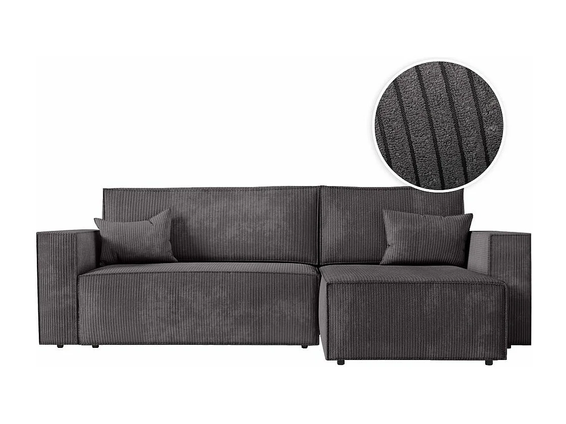 Canapé d'angle 3 places convertible réversible Clarisse avec coffre en velours côtelé- Gris anthracite - L269 x P159 x H89cm - Loungitude