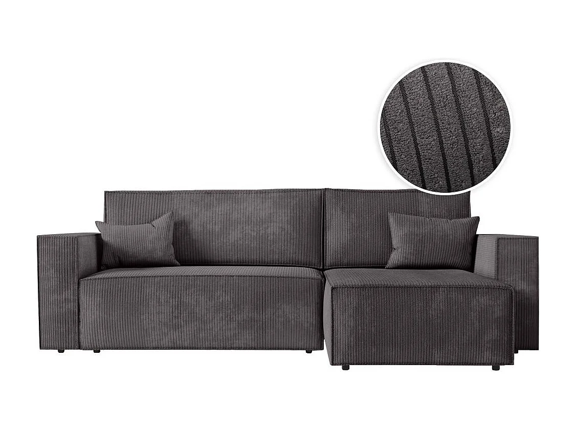 Canapé d'angle 3 places convertible réversible Clarisse avec coffre en velours côtelé- Gris anthracite - L269 x P159 x H89cm - Loungitude