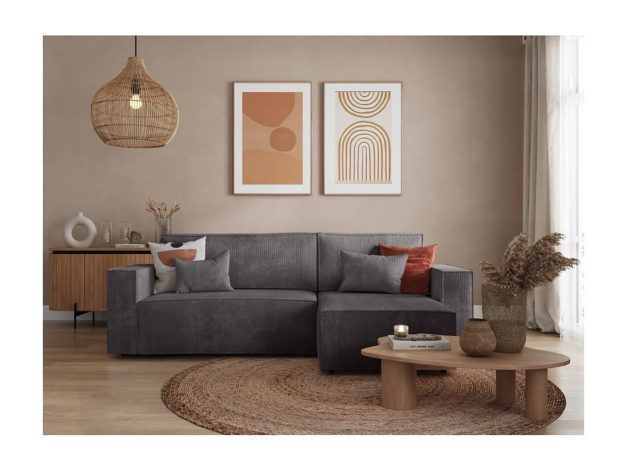 Canapé d'angle 3 places convertible réversible Clarisse avec coffre en velours côtelé- Gris anthracite - L269 x P159 x H89cm - Loungitude